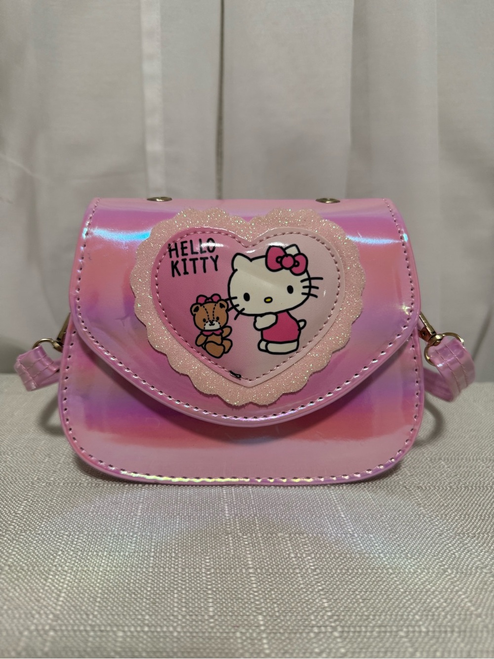 Hello Kitty Shiny Pink Heart Applique Kids Crossbody Bag